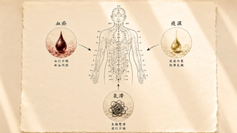 Causes ni internes ni externes + Mucosité + Stase de sang + Stagnation d'aliments